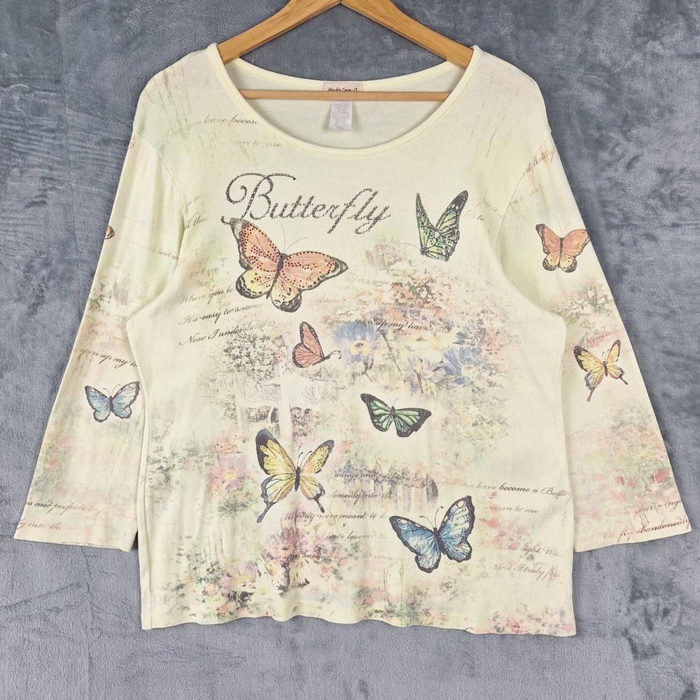 Vintage‎ Womens Top XL Butterfly Y2K Garden Floral Rhinestones All Over Print
